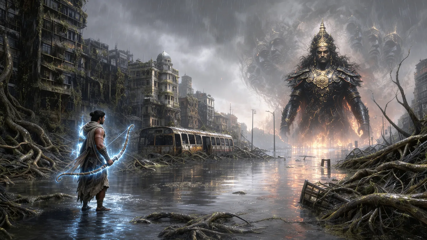 A lone seeker faces a colossal emperor across a flooded boulevard