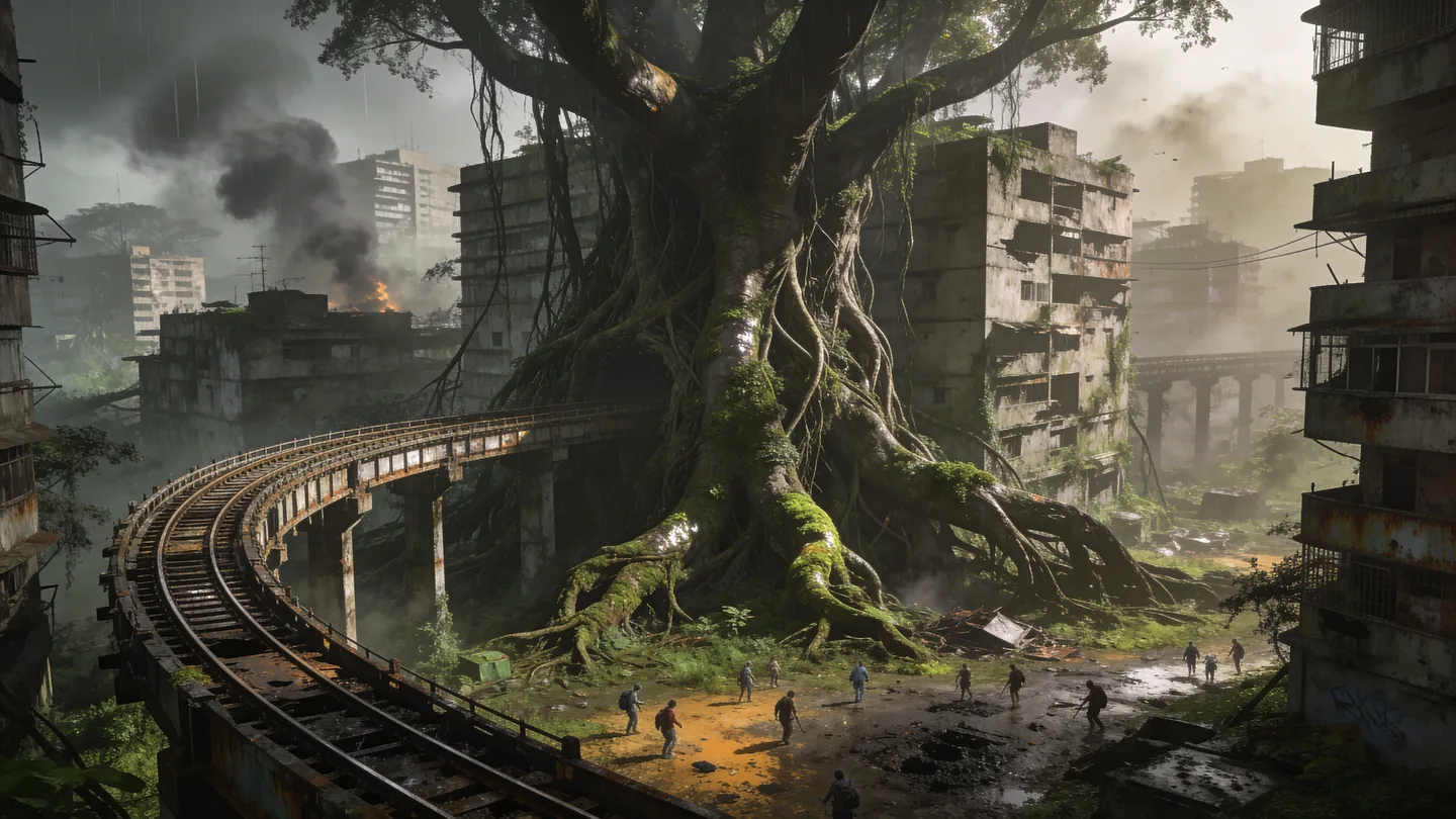 A banyan tree overtakes an abandoned Indian district and dead railway