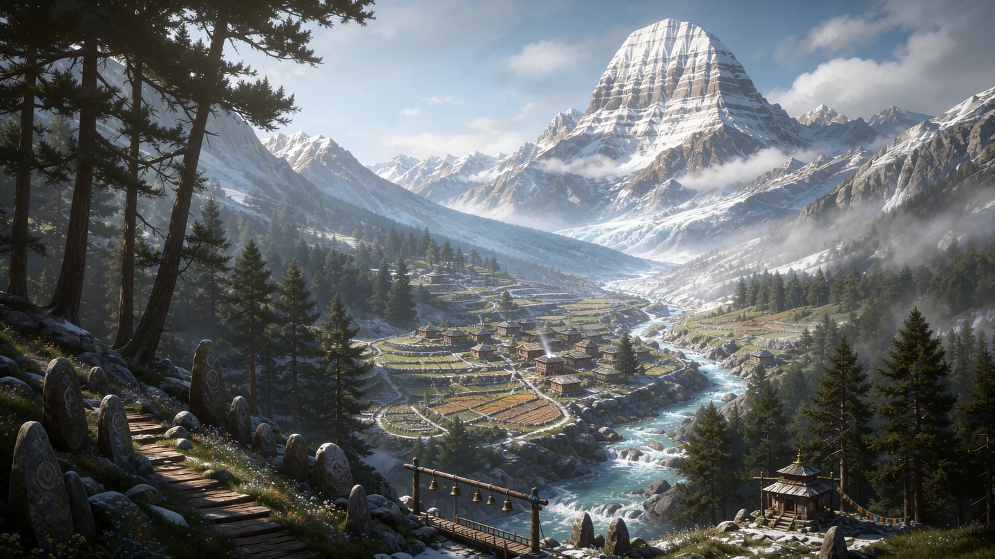 A snowbound peak rises above a protected valley of clear water and cultivated terraces