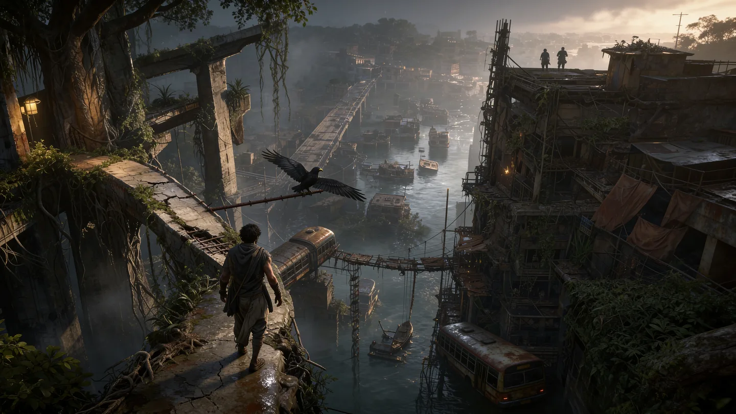 A lone survivor moves through a ruined Indian city overtaken by roots