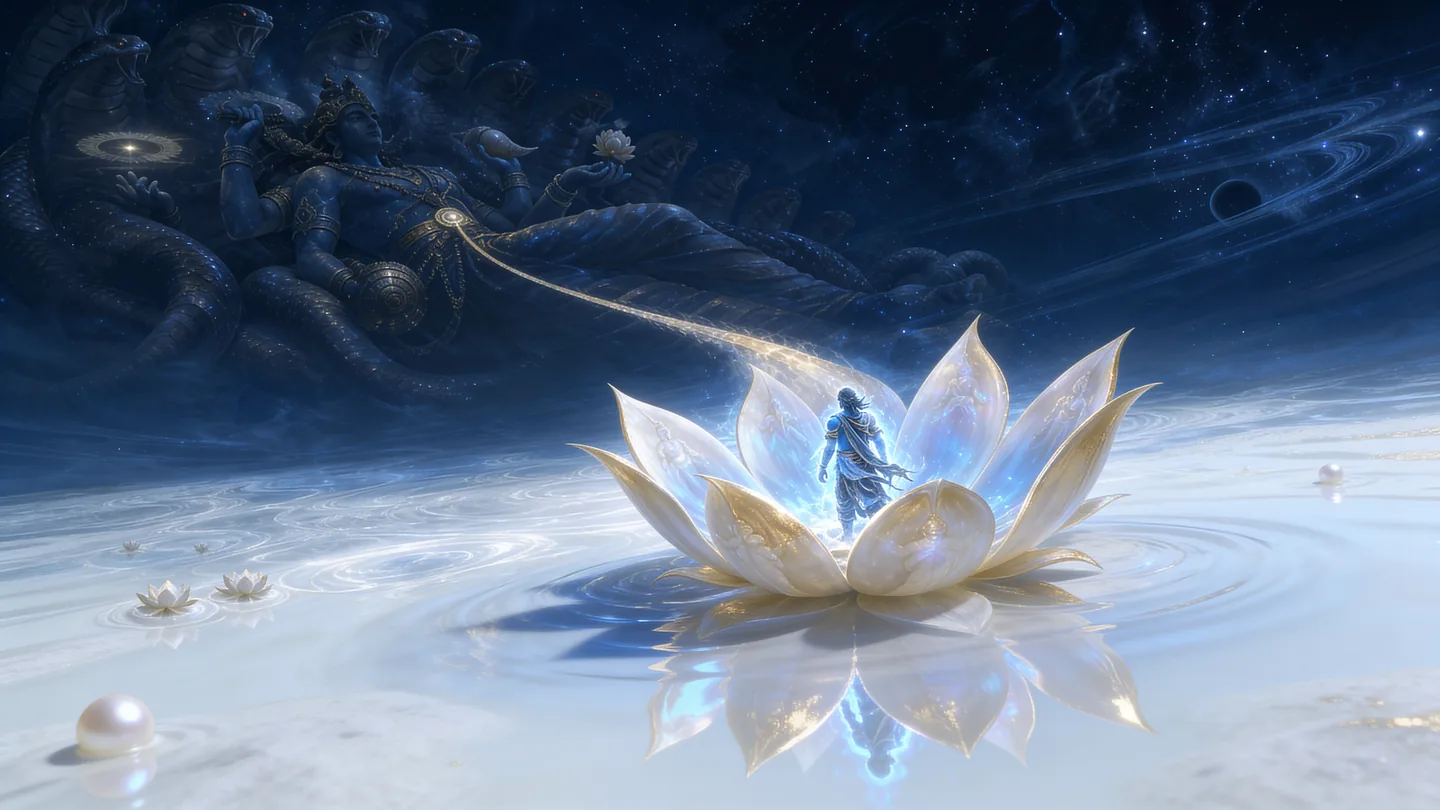 A lone seeker stands within a vast blue-white higher realm