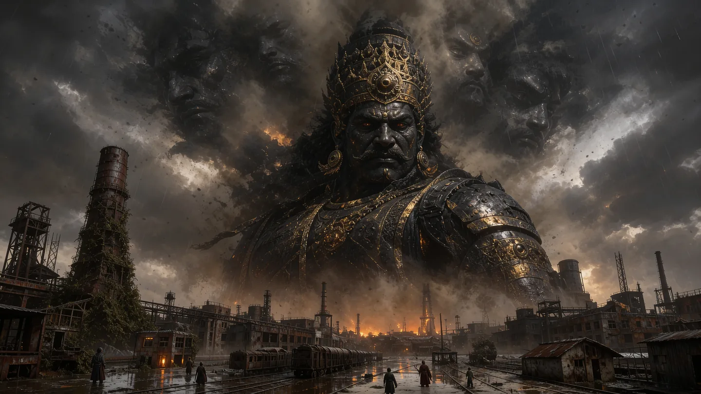 A colossal demon-emperor emerges through an ash storm in black-and-gold armour